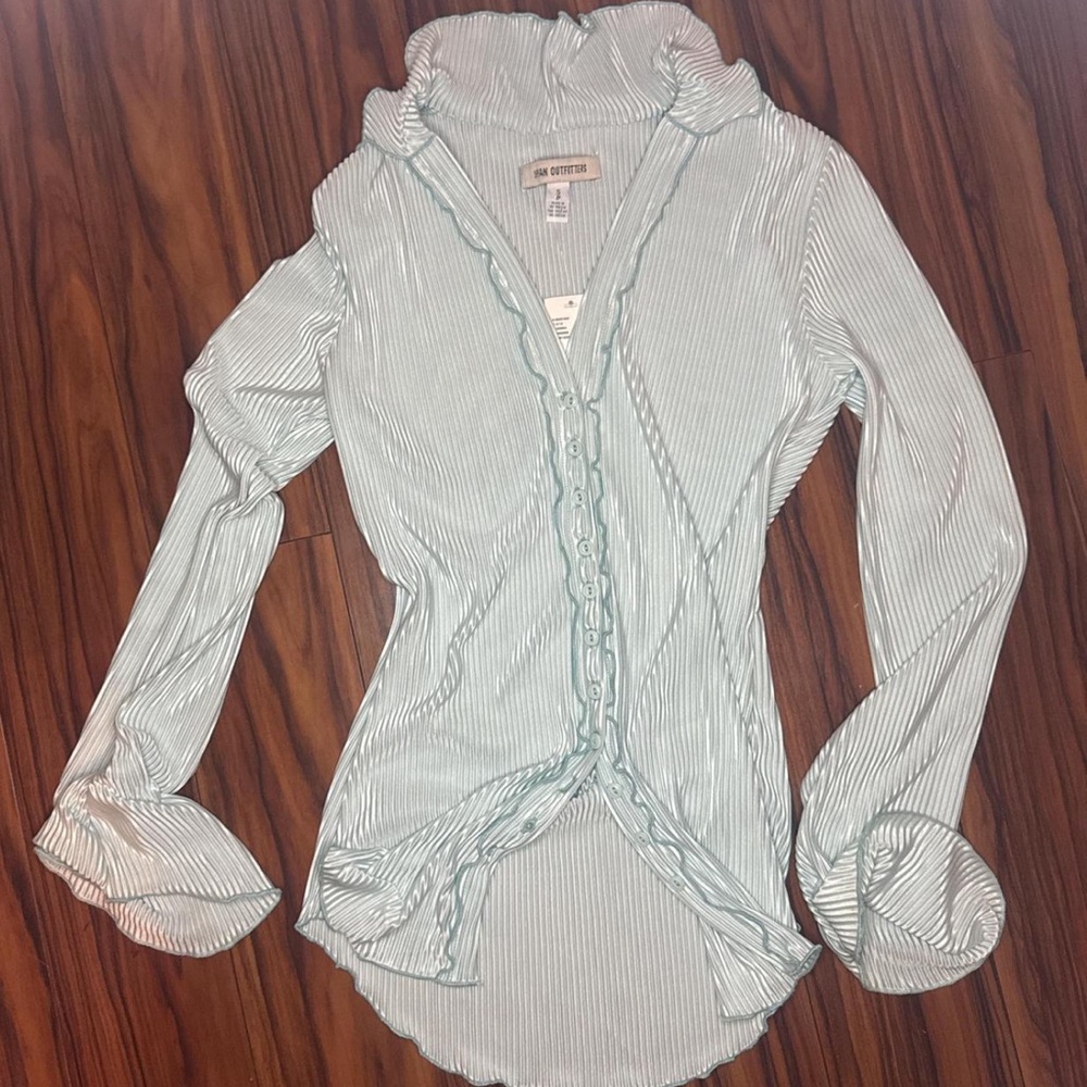 Urban Outfitters Green Ruffled Long Sleeve Blouse